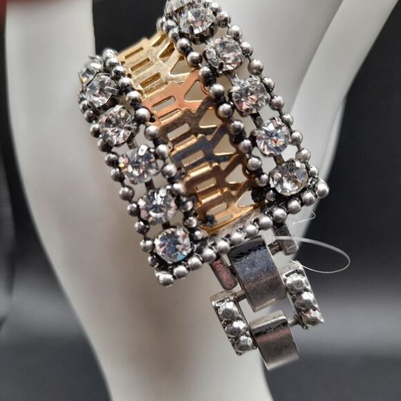 Stella & Dot Rhinestone Wide Bracelet, Two Rows Clear Rhinestones, 6 3/4 Inch - Picture 4 of 12